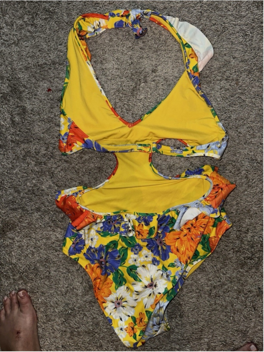 Aerie Yellow Floral Monokini Floral Ruffle Halter One Piece Swimsuit Large - Picture 9 of 13